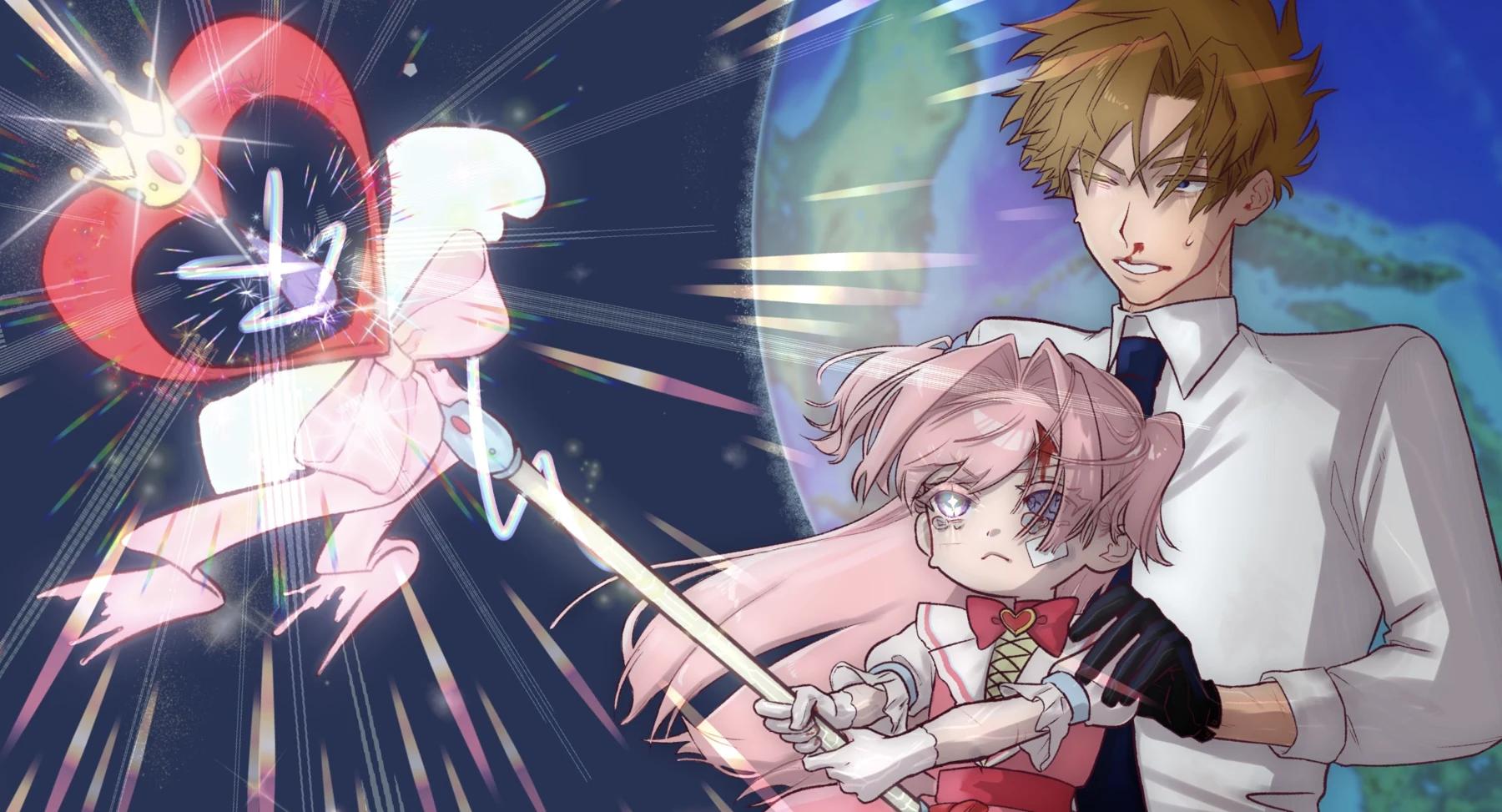 ステッキを握る魔法少女と背後に立つ男性