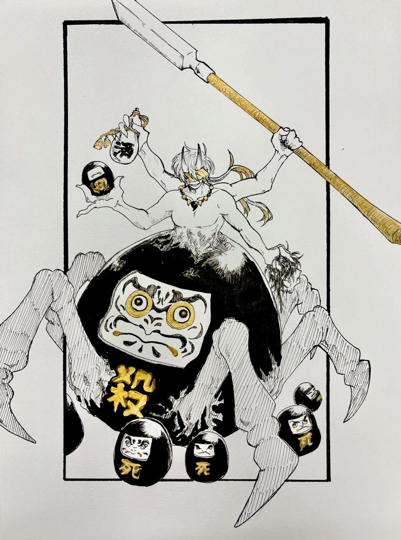 鬼、だるま、クモを組み合わせたアナログイラスト